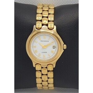 Women's Vintage Technos Luxor White Dial Gold Tone Case Bracelet Band Watch 02